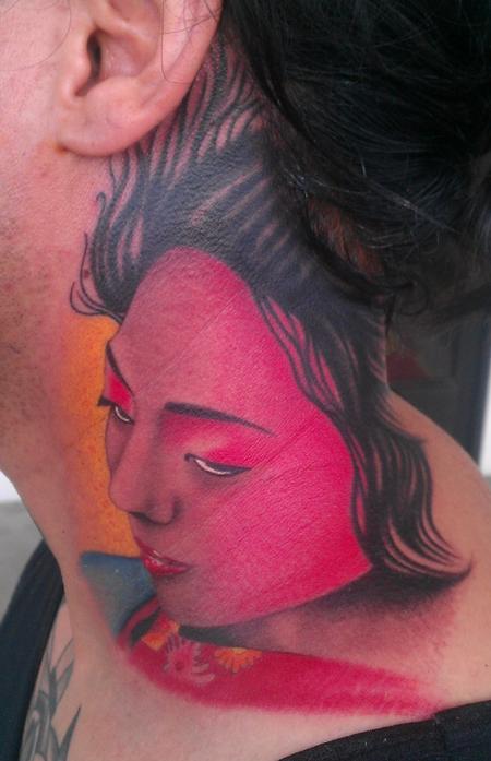 Scott Grosjean - colored Geisha girl tattoo, Scott Grosjean Art Junkies Tattoo
